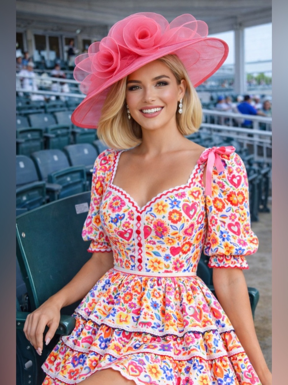 Kentucky Derby Hat Oaks Pink Women's Wide Brim Organza Floral